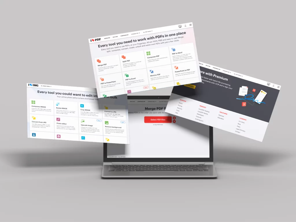 User interface of iLovePDF with drag-and-drop functionality, showcasing Crombie’s expertise in UX/UI design and custom software development for digital productivity.