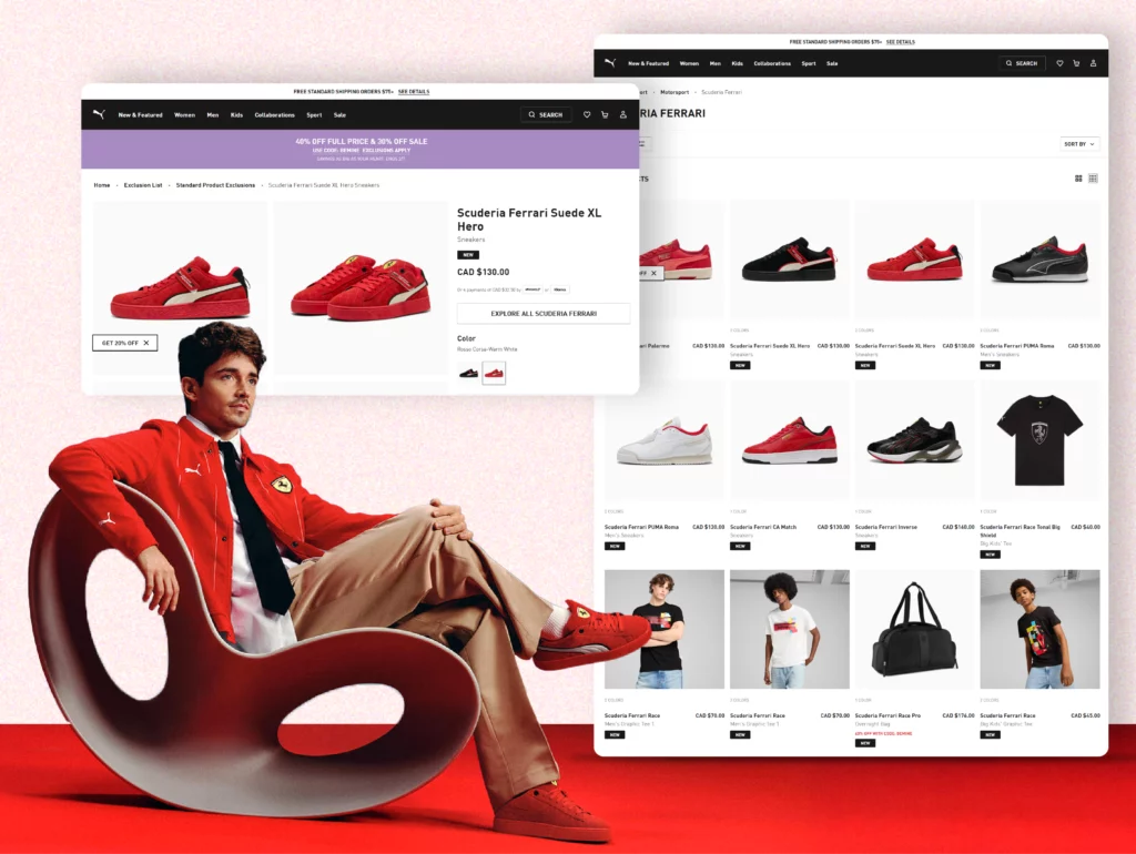 Mobile view of Puma’s eCommerce platform developed by Crombie, featuring responsive design, fast performance, and optimized user experience for global retail.