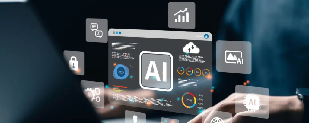 Digital screen displaying AI dashboards, performance charts, and cloud icons, illustrating the role of artificial intelligence in modern software development.