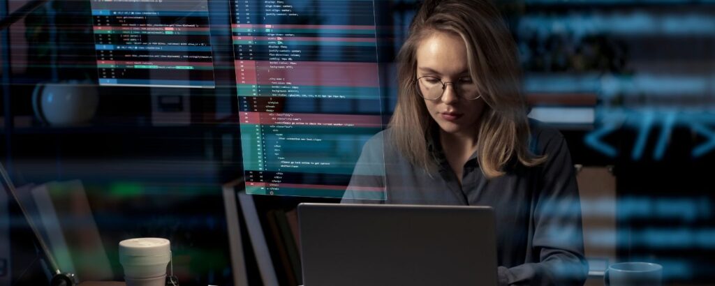Woman using a computer.