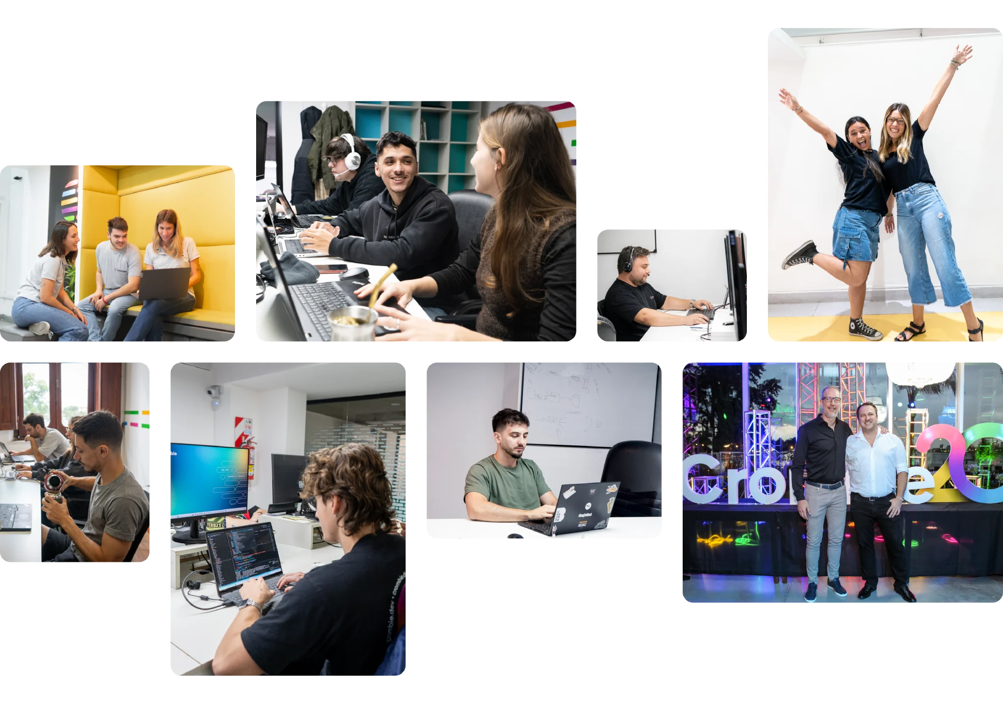 Crombie team grid showing multiple work scenes, collaboration, and software development culture.