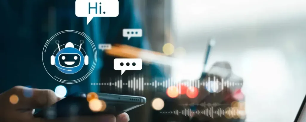 AI conversational agent with a friendly chatbot icon, mobile interaction and speech bubbles. Represents Crombie’s Generative AI solutions for real-time customer engagement and operational automation