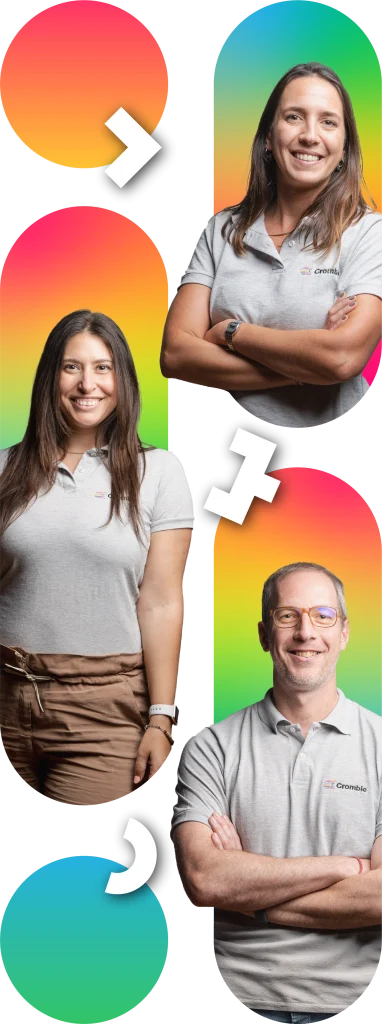 Group photo of Mariano Di Maggio, Antonella Di Maggio and Lara Schujovitzky at the Crombie contact page, representing the team behind a software development company specialized in fintech and retail solutions and AI solutions