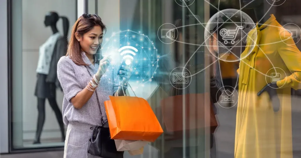 Customer shopping with a smartphone outside a retail store, with digital icons representing omnichannel ecommerce, mobile payments, and connected shopping experiences