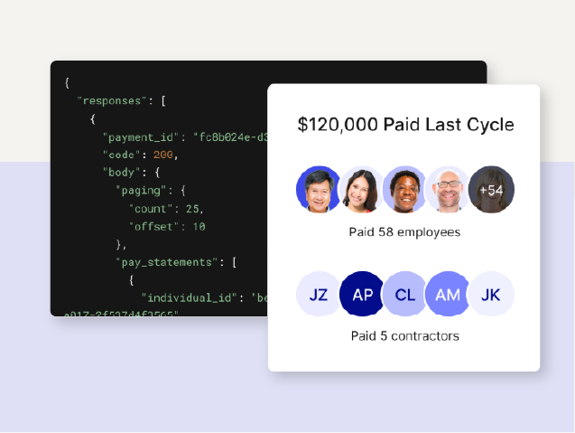 JSON response from Finch's unified API with standardized pay statements and a summary of the last payroll cycle for employees and contractors.