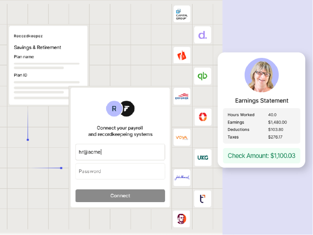 Finch API connection flow for payroll and recordkeeping systems, with an earnings statement and integrated providers like Empower, Voya and UKG.