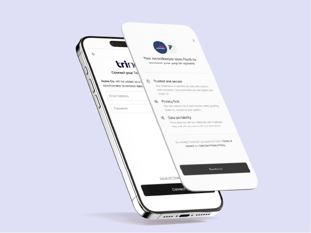 Smartphone showing Finch's flow for connecting a payroll system to a retirement plan recordkeeper, with end-to-end encryption and permission controls.